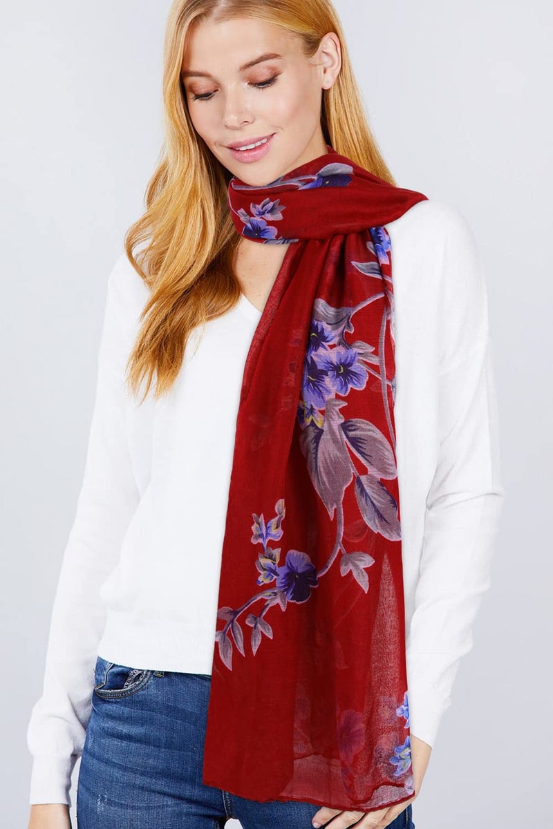 GERINLY Vintage Flower Print Scarf Rectangle Soft Head Wrap Elegant Polyester Evening Shawl Exotic Turban for Travel (Dark Wine) - Image 2